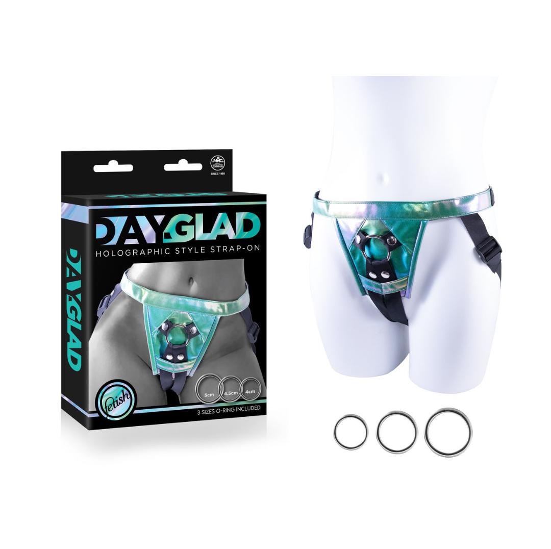 Excellent Power DAY-GLAD Holographic Strap-On Harness with 3 Metal Rings - Teal