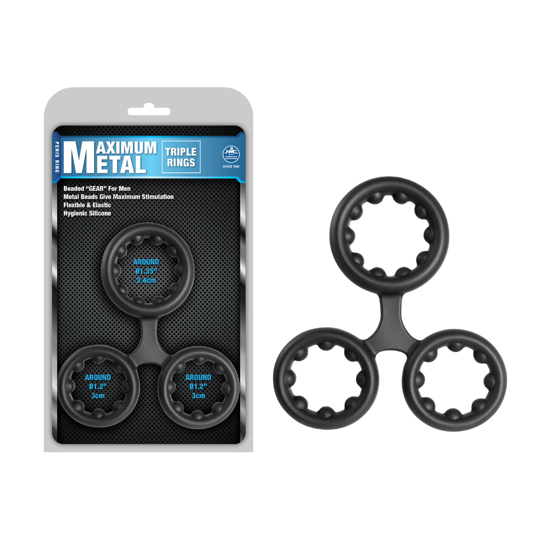 Excellent Power Maximum Metal 3 In 1 Silicone Ornament Black - Triple Beaded Cock Ring