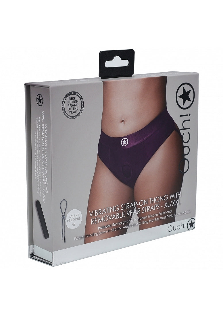 Shots Toys | OUCH! Vibrating Strap-on Thong with Removable Butt Straps - Purple - Size XL/XXL