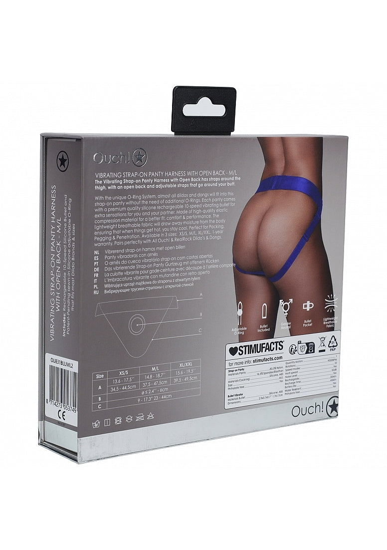 Shots Toys | OUCH! Vibrating Strap-on Panty Harness with Open Back - Royal Blue - Size M/L