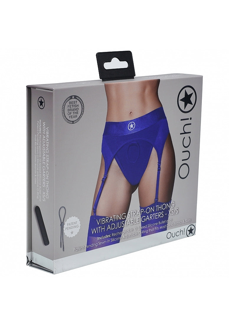 Shots Toys | OUCH! Vibrating Strap-On Thong with Adjustable Garters - Royal Blue - Size XS/S