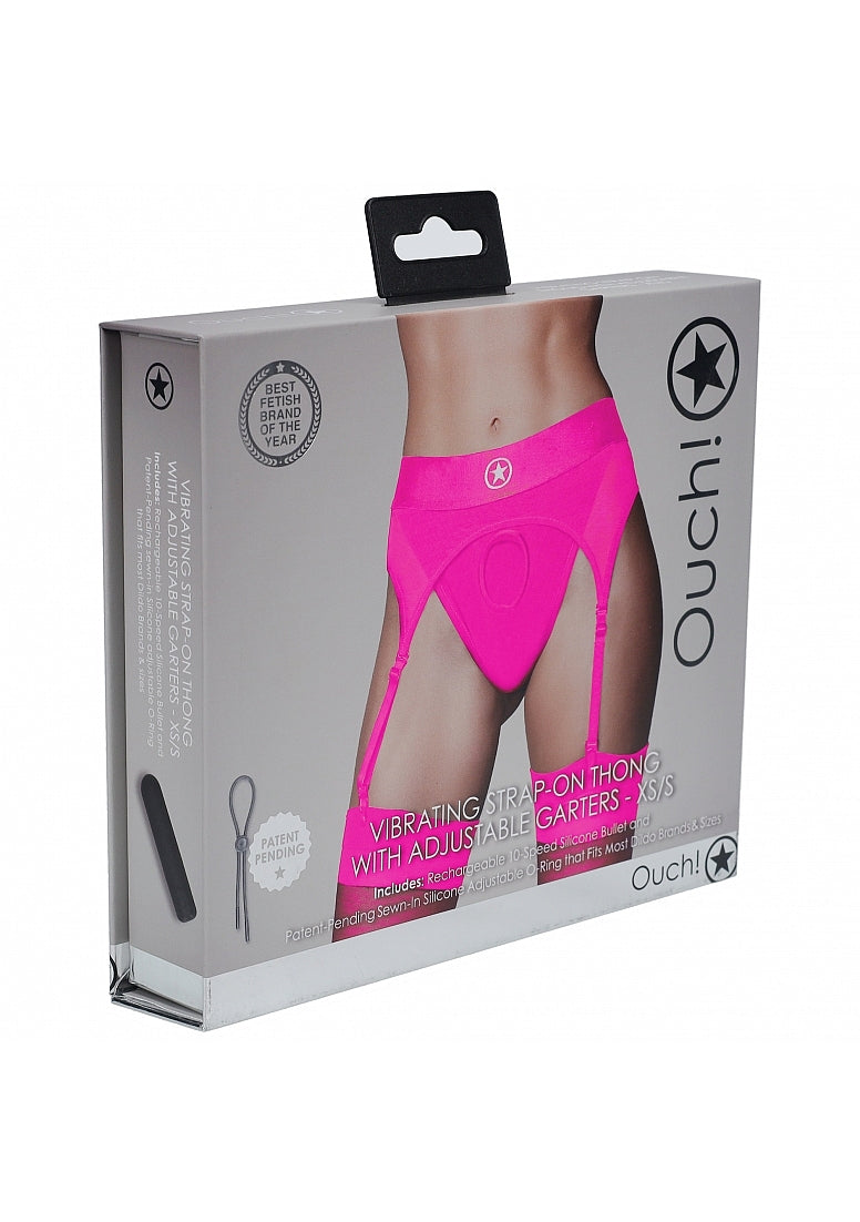 Shots Toys | OUCH! Vibrating Strap-On Thong with Adjustable Garters - Pink - Size XS/S