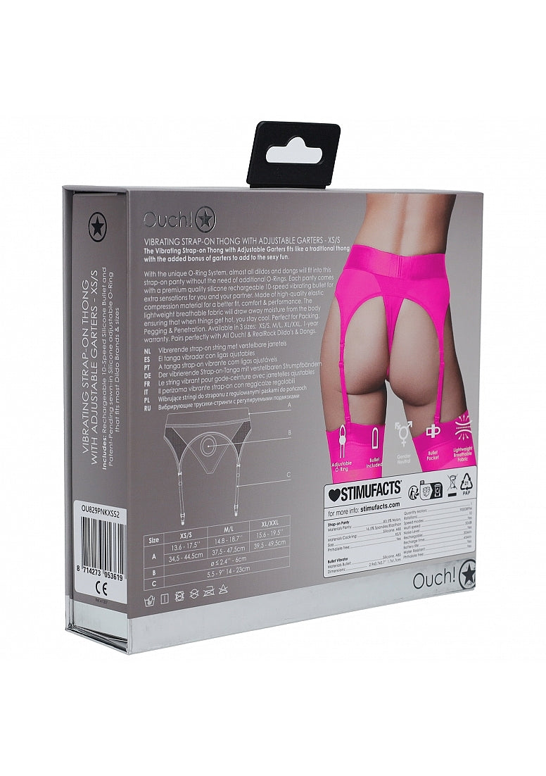 Shots Toys | OUCH! Vibrating Strap-On Thong with Adjustable Garters - Pink - Size XS/S