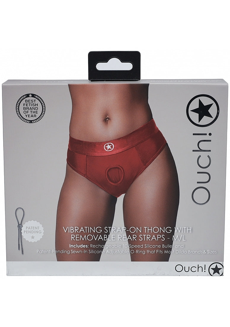 Shots Toys | OUCH! Vibrating Strap-on Thong with Removable Butt Straps - Red - Size M/L