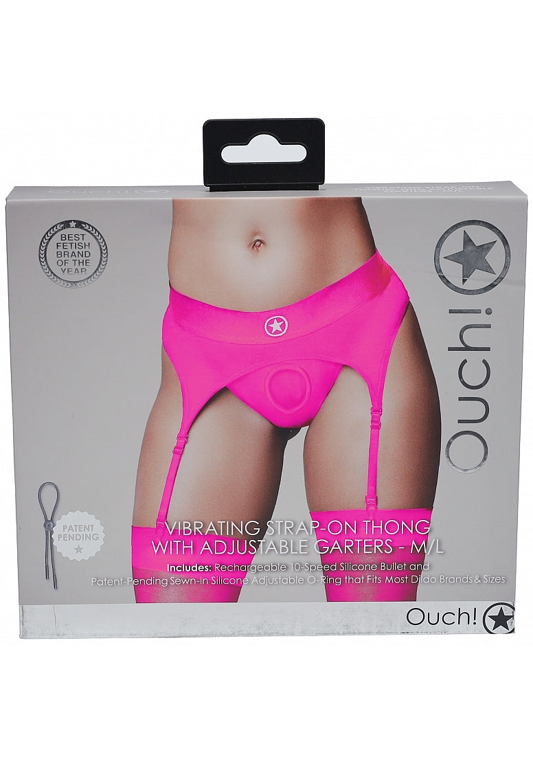 Shots Toys | OUCH! Vibrating Strap-On Thong with Adjustable Garters - Pink - Size M/L