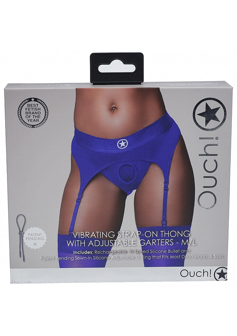 Shots Toys | OUCH! Vibrating Strap-On Thong with Adjustable Garters - Royal Blue - Size M/L