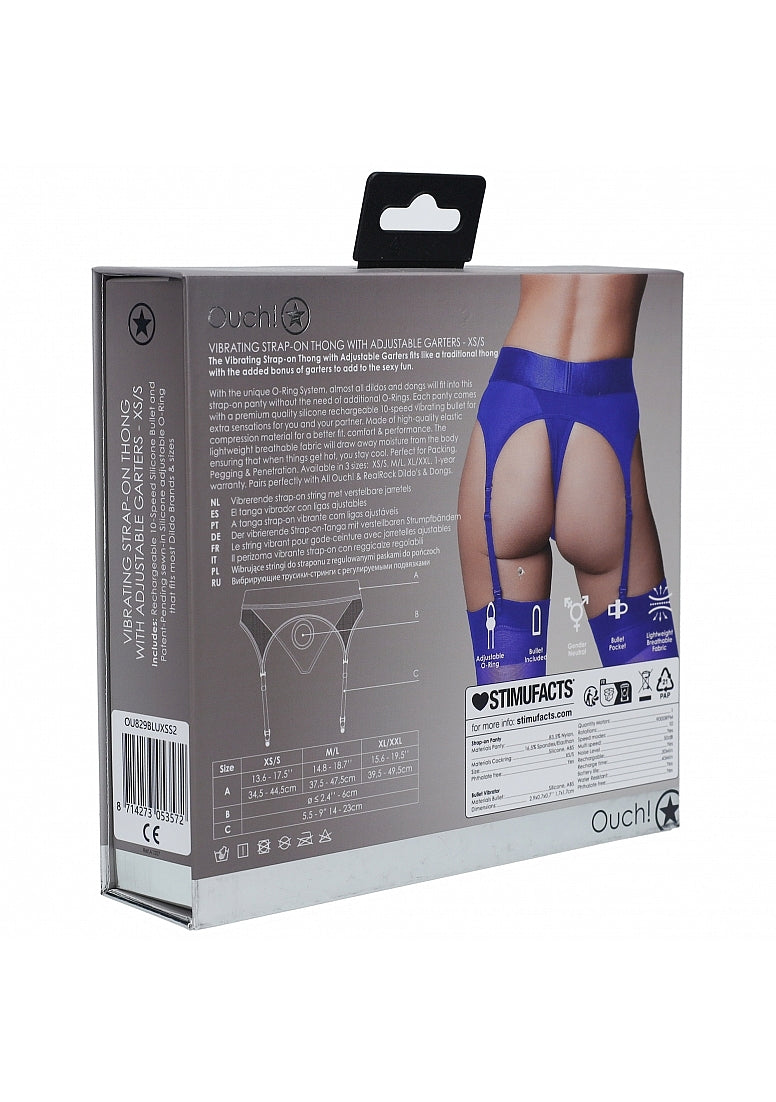 Shots Toys | OUCH! Vibrating Strap-On Thong with Adjustable Garters - Royal Blue - Size XS/S