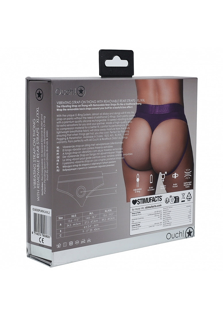 Shots Toys | OUCH! Vibrating Strap-on Thong with Removable Butt Straps - Purple - Size XL/XXL