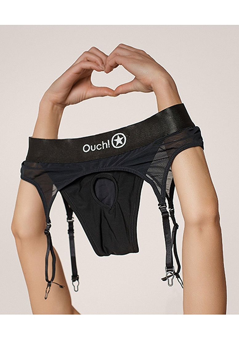 Shots Toys | OUCH! Vibrating Strap-On Thong with Adjustable Garters - Black - Size M/L