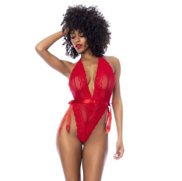 Mapale Red Lace Bodysuit with Side Ties Size S/M or L/XL