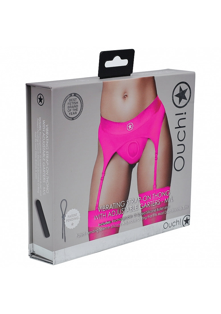 Shots Toys | OUCH! Vibrating Strap-On Thong with Adjustable Garters - Pink - Size M/L