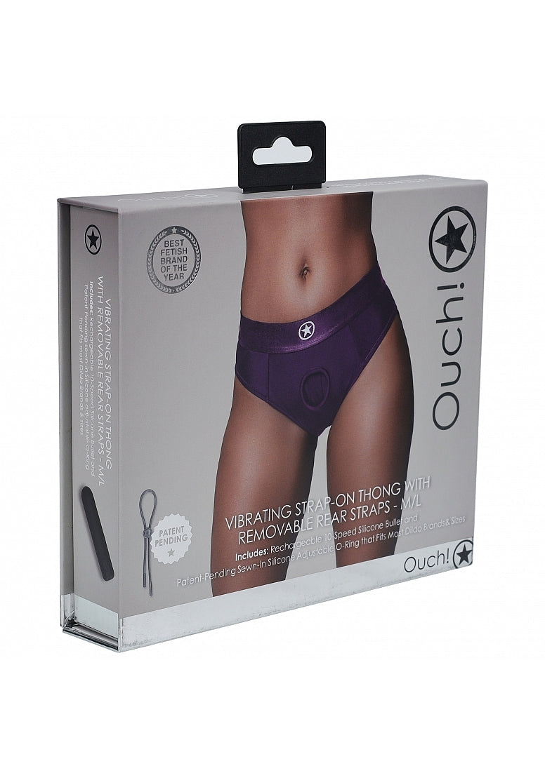 Shots Toys | OUCH! Vibrating Strap-on Thong with Removable Butt Straps - Purple - Size M/L