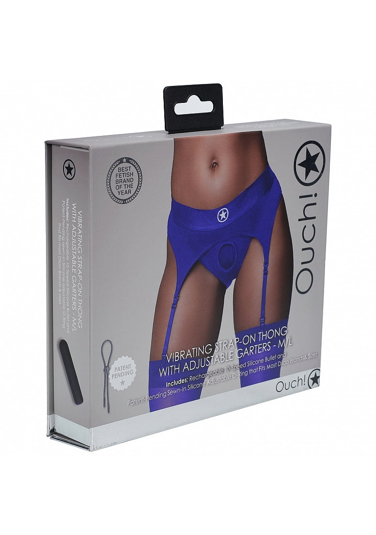 Shots Toys | OUCH! Vibrating Strap-On Thong with Adjustable Garters - Royal Blue - Size M/L