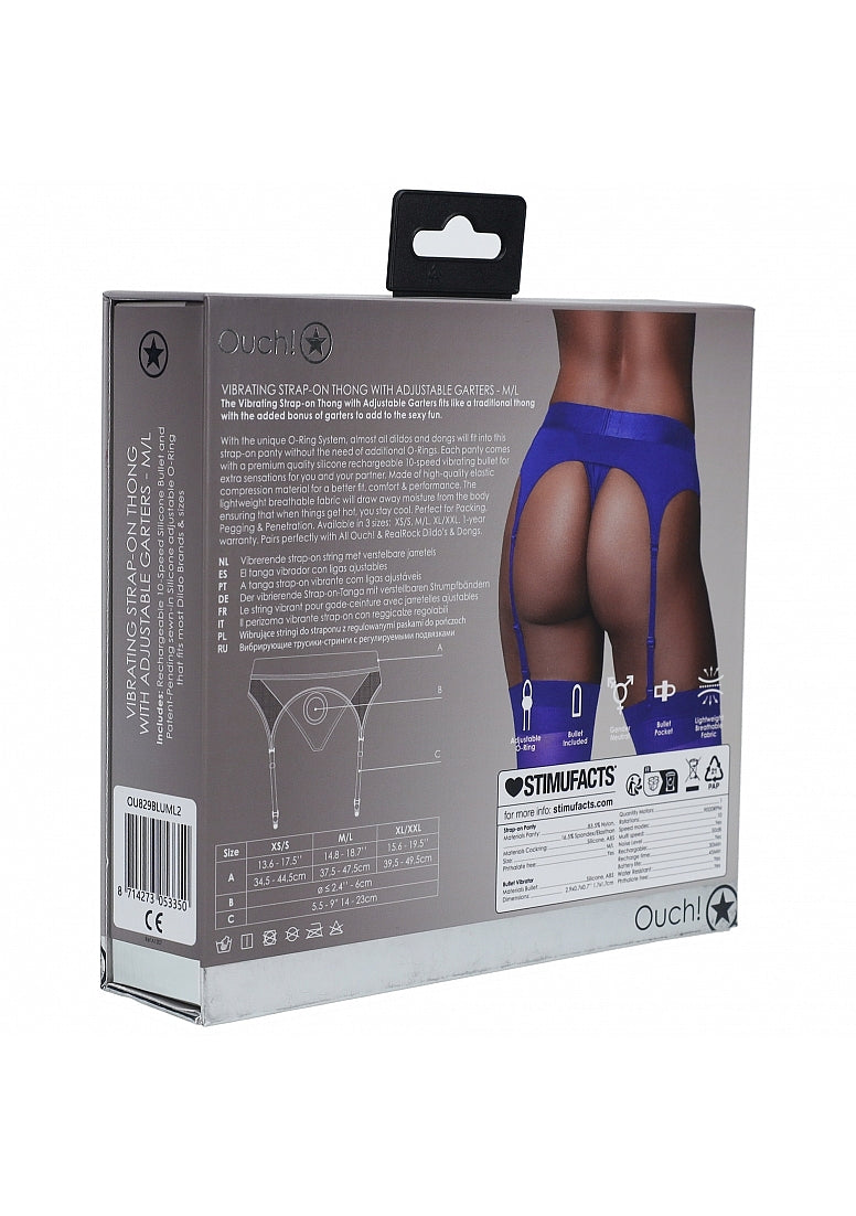 Shots Toys | OUCH! Vibrating Strap-On Thong with Adjustable Garters - Royal Blue - Size M/L