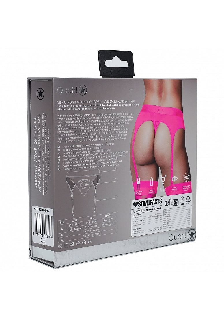 Shots Toys | OUCH! Vibrating Strap-On Thong with Adjustable Garters - Pink - Size M/L