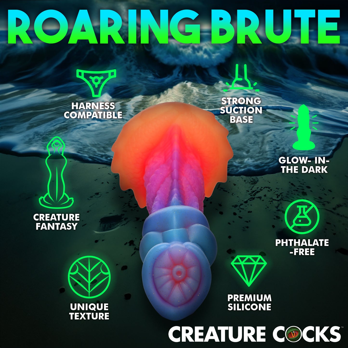 Creature Cocks Aqua-Cock - Glow in Dark Multi-Coloured 19.3cm Fantasy Dildo