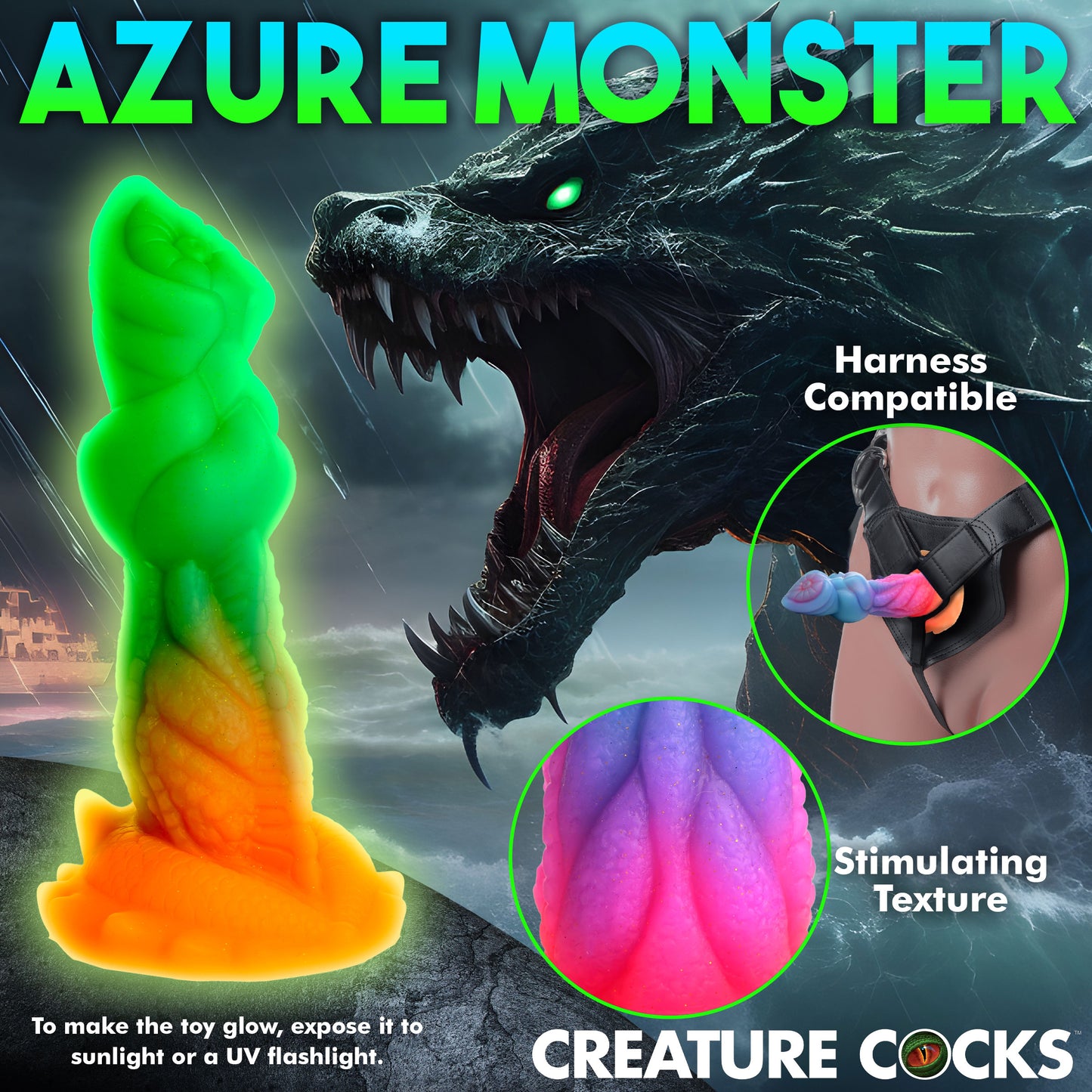 Creature Cocks Aqua-Cock - Glow in Dark Multi-Coloured 19.3cm Fantasy Dildo