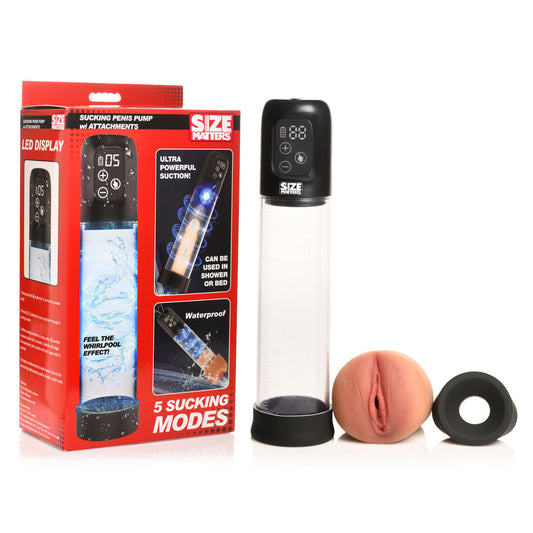 Size Matters Sucking Penis Pump - Clear USB Rechargeable Penis Pump + Attachments