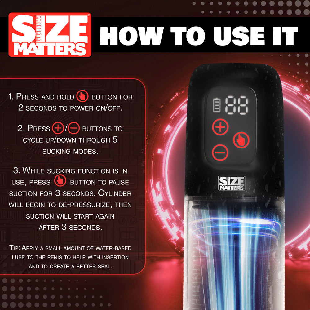 Size Matters Sucking Penis Pump - Clear USB Rechargeable Penis Pump + Attachments