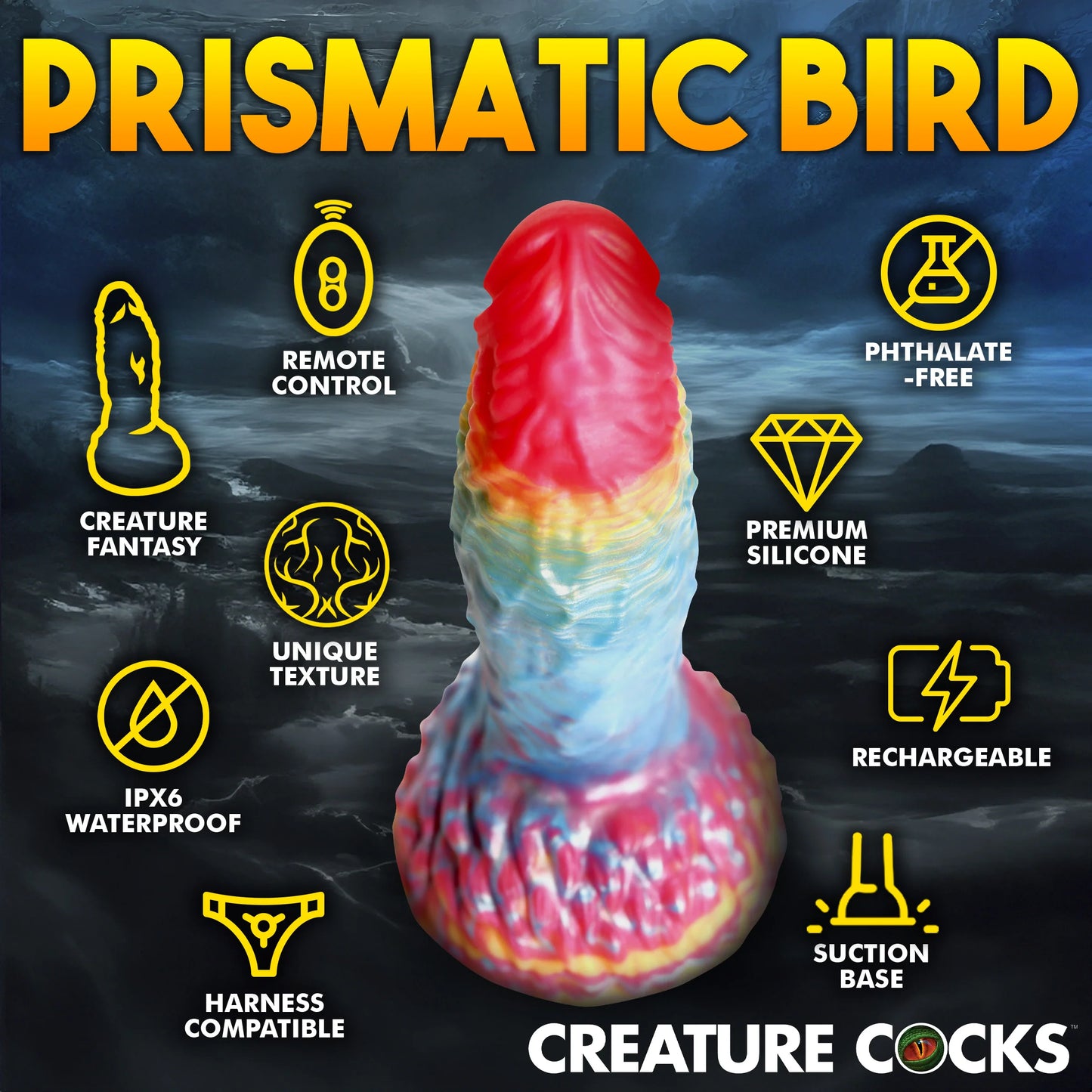 Creature Cocks Rainbow Phoenix Vibrating Silicone Dildo with Remote Control