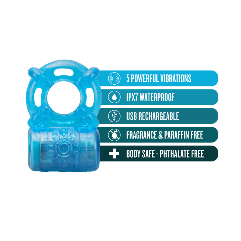 Blush Novelties | Stay Hard Rechargeable 5 Function Blue Vibrating Cock Ring