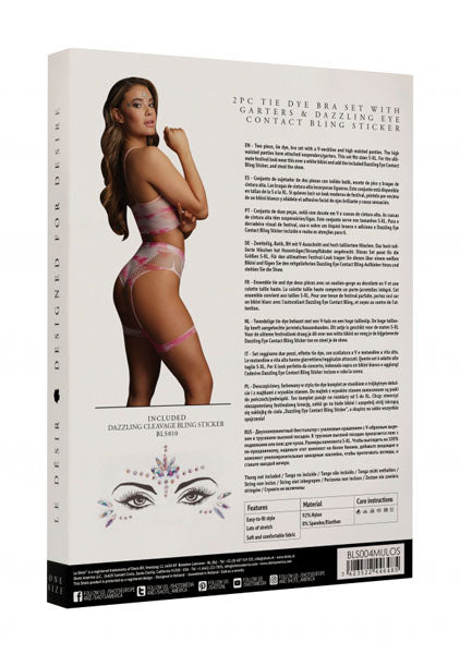 Le Desir Bliss 2 Pc Tie Dye Bra Set With Garters & Dazzling Eye Contact Bling Sticker Size OS