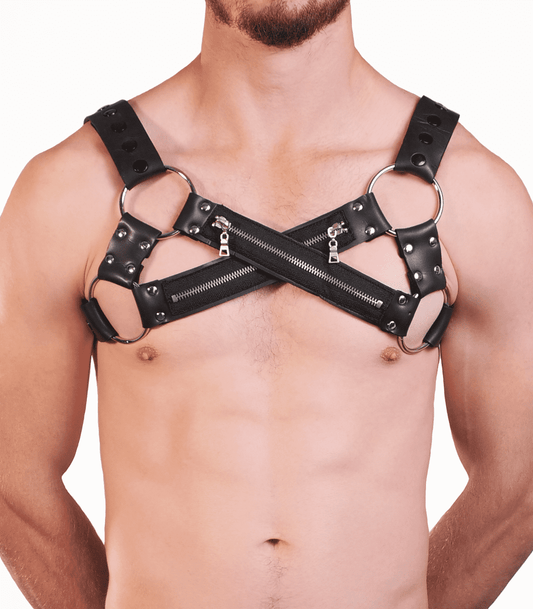 Love In Leather Mens Cross Front Neoprene Body Brace With Functional Zips BRA016