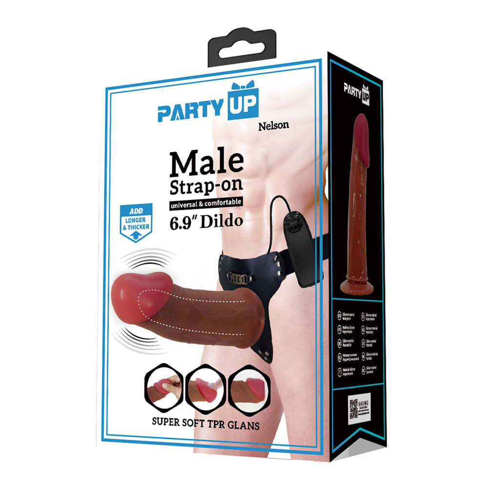 Party Up NELSON Vibrating Strap-On - Brown 17.5cm Vibrating Hollow Strap-On