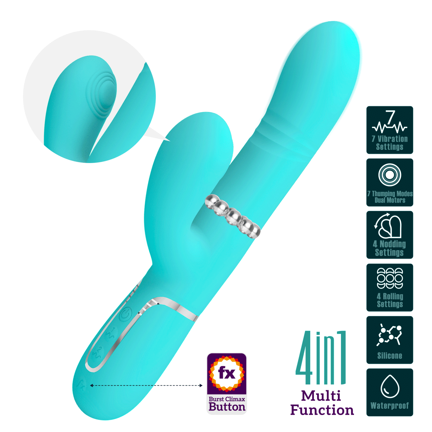 Party Up Paul 4in1 Rolling Beads Thumping Rabbit Vibrator Teal