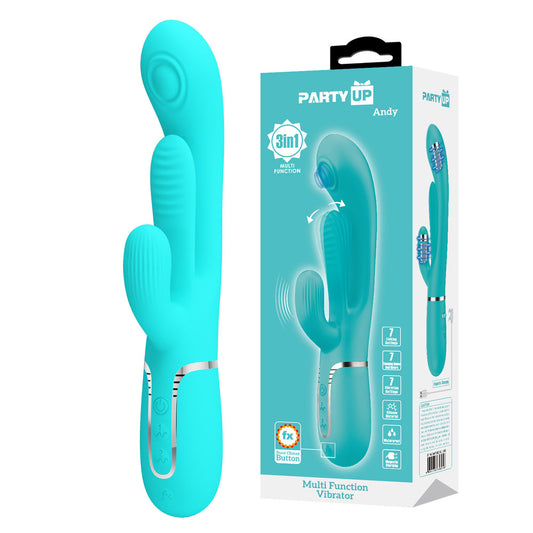 Party Up Andy 3in1 Rabbit Vibrator with Flicking and Thumping Tip Teal