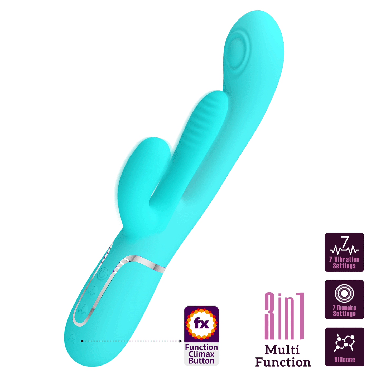 Party Up Andy 3in1 Rabbit Vibrator with Flicking and Thumping Tip Teal