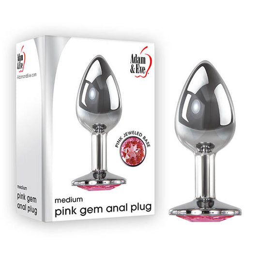 Adam & Eve Pink Gem Anal Plug - Silver  Medium 8.2cm Metal Butt Plug with Pink Gem