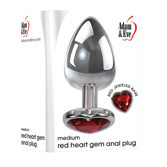 Adam & Eve Red Heart Gen Anal Plug - Medium Metallic 8.25cm Butt Plug with Heart Gem Base