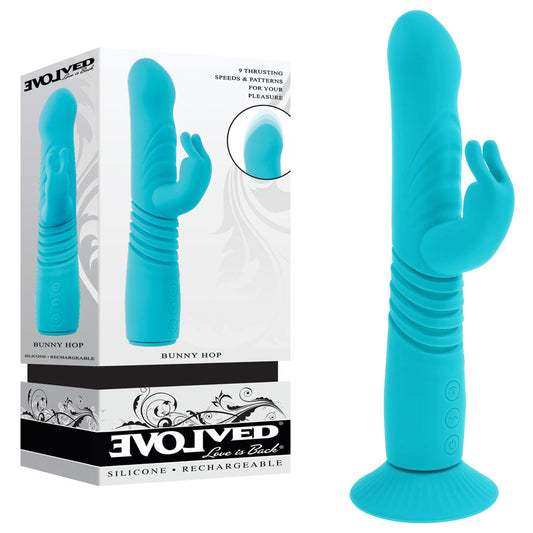 Evolved BUNNY HOP - Teal 25.1cm Thrusting Rabbit Vibrator with Suction Base
