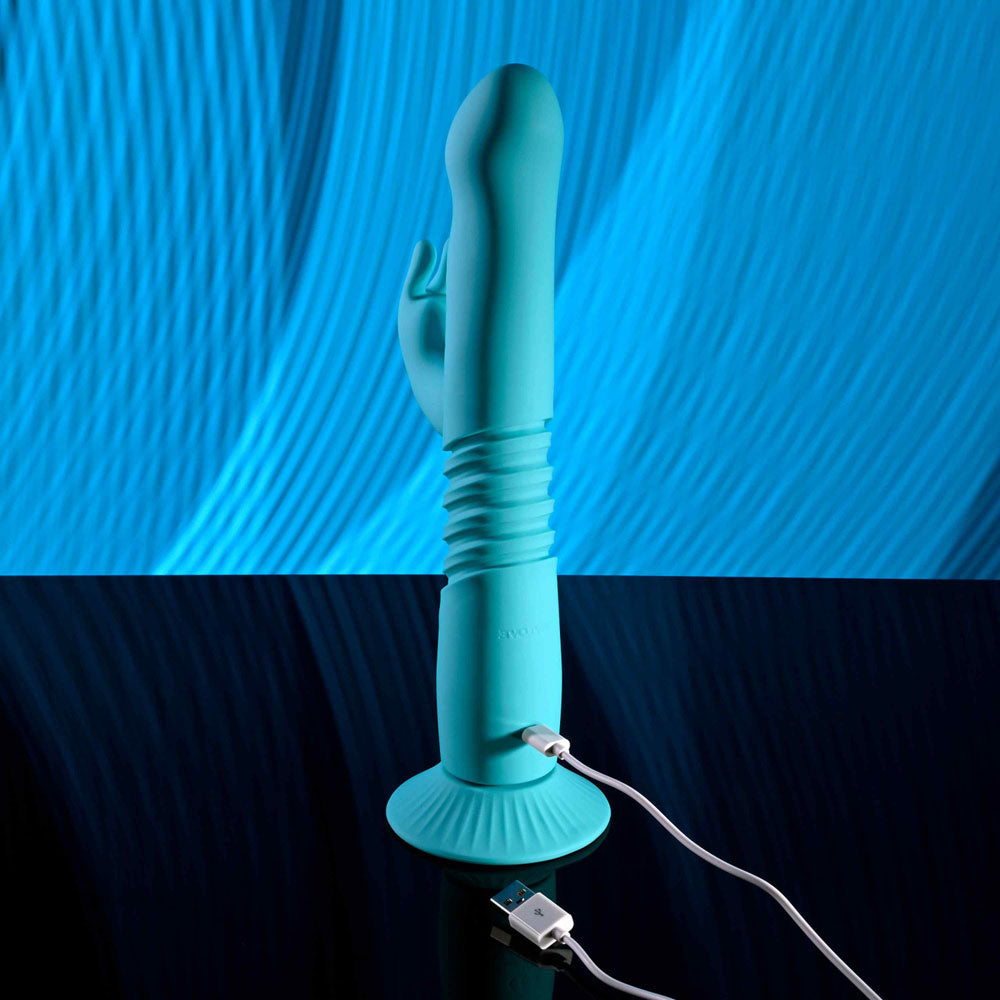 Evolved BUNNY HOP - Teal 25.1cm Thrusting Rabbit Vibrator with Suction Base