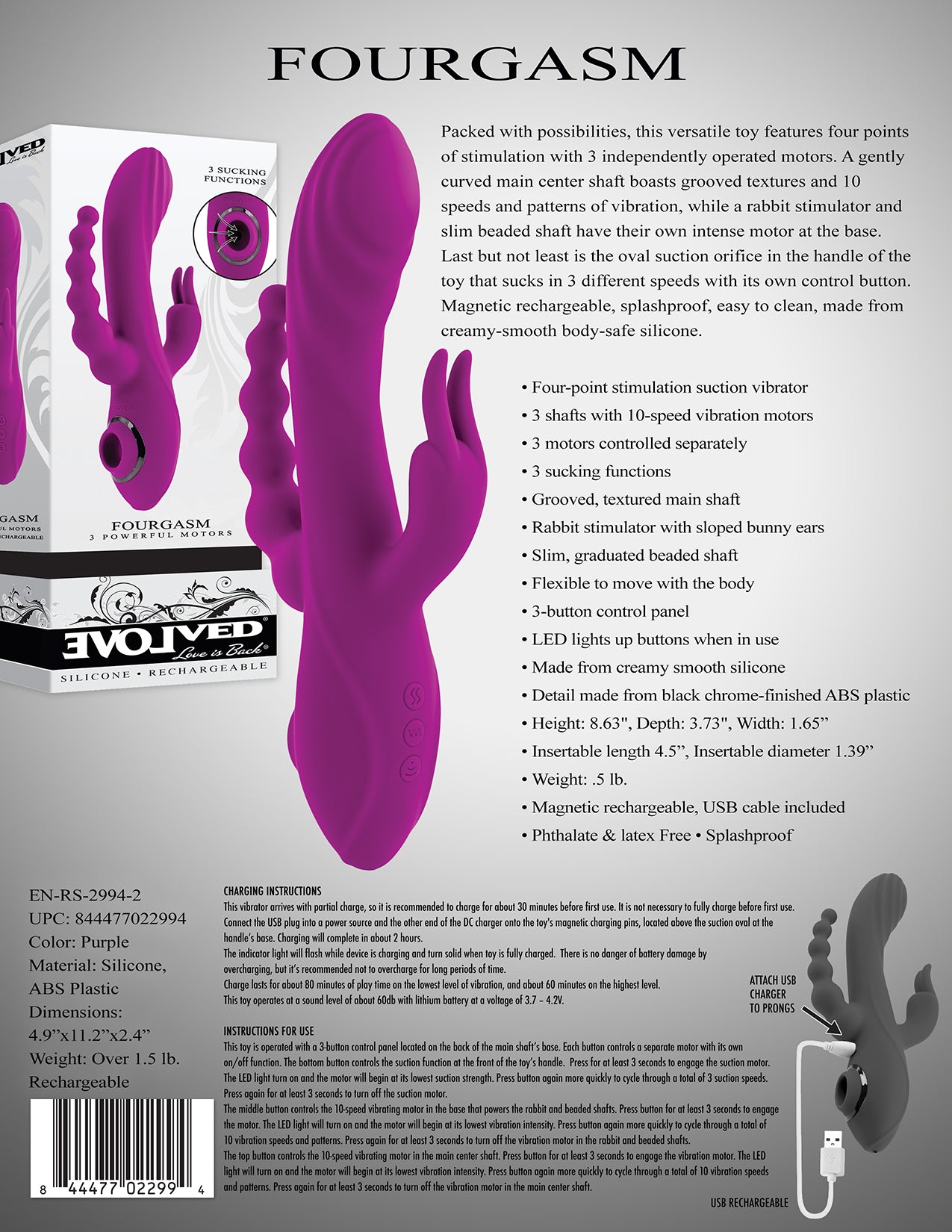 Evolved FOURGASM Purple 21.9cm Triple Vibrator with Suction