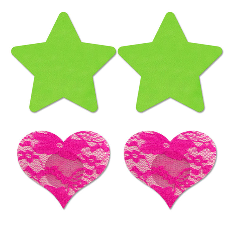 Fantasy Lingerie GLOW Fashion Pasties Set - Neon Green & Solid Pink - 2 Sets Included