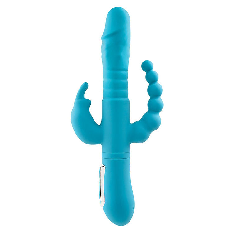 Adam & Eve THRUSTING TRIPLE JOY RABBIT - Teal 25.4cm Rabbit Vibrator with Anal Probe