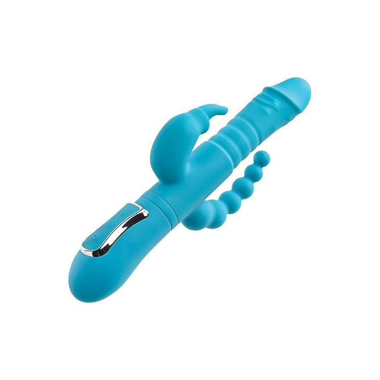 Adam & Eve THRUSTING TRIPLE JOY RABBIT - Teal 25.4cm Rabbit Vibrator with Anal Probe