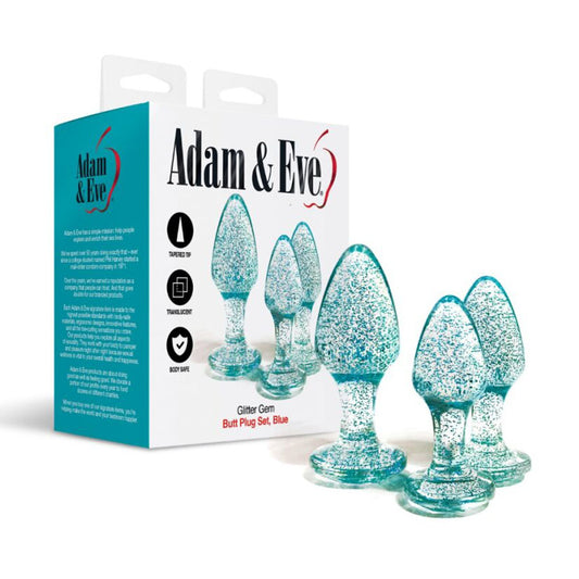 Adam & Eve Glitter Gem 3-Piece - Glitter Blue Butt Plugs - Set of 3 Sizes