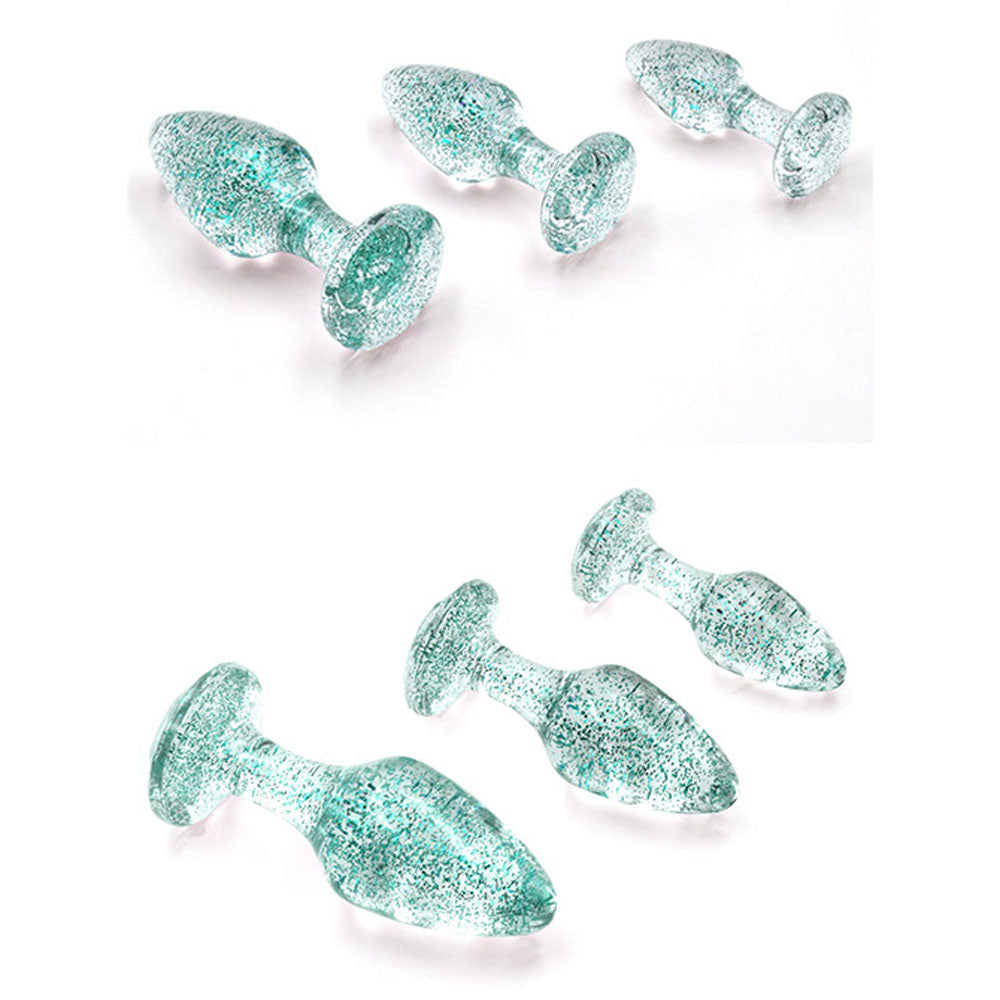 Adam & Eve Glitter Gem 3-Piece - Glitter Blue Butt Plugs - Set of 3 Sizes