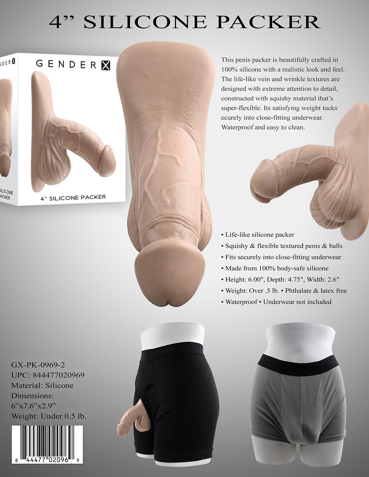Gender X 4" SILICONE PACKER LIGHT Flesh 10cm Packer
