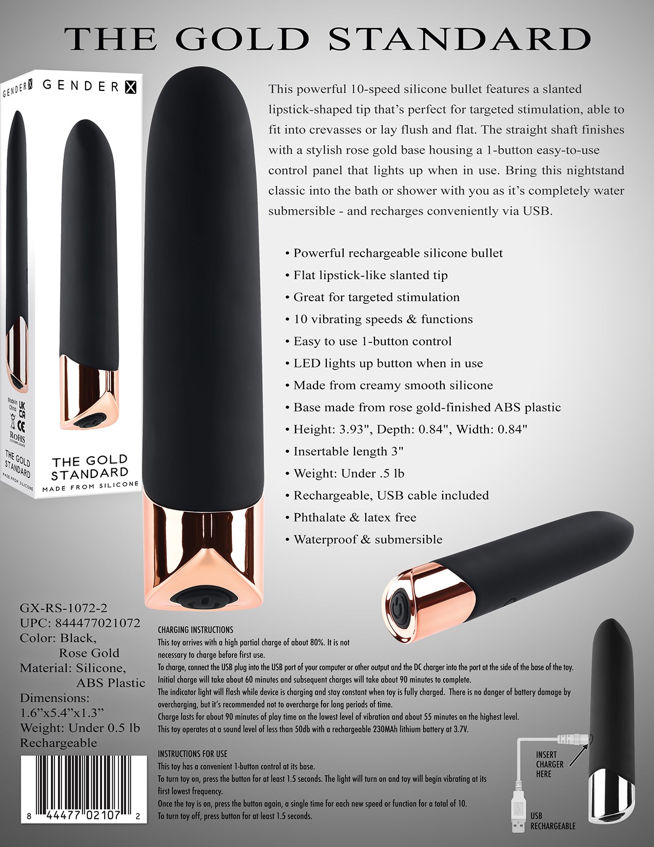 Gender X THE GOLD STANDARD Black/Rose Gold 10 cm USB Rechargeable Bullet Vibrator