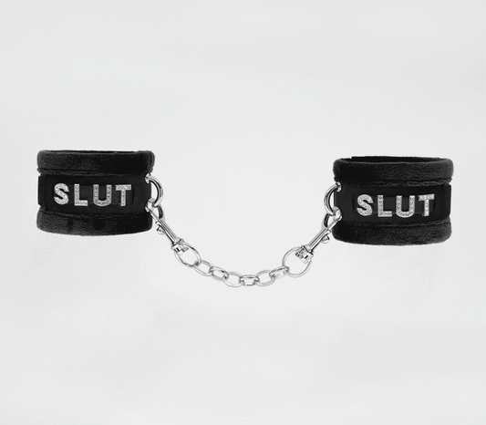 Love In Leather Fluffy Diamante SLUT Wrist Restraints