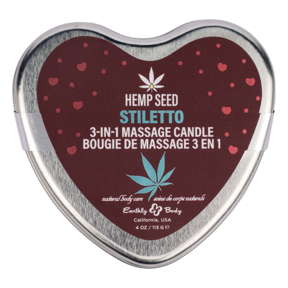 Earthly Body Hemp Seed 3 in 1 Massage Heart Candle - Stiletto (Flowering Sage, Wildflower Honey, Creamy Sandalwood) - 113g