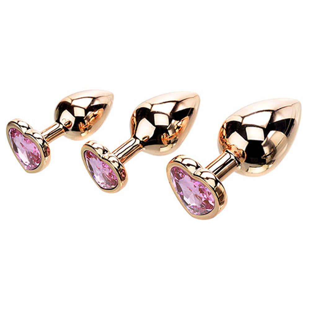 Adam & Eve Rose Gold Heart Gem Anal Training Set - Rose Gold Plugs with Gem Bases - Set of 3 Sizes