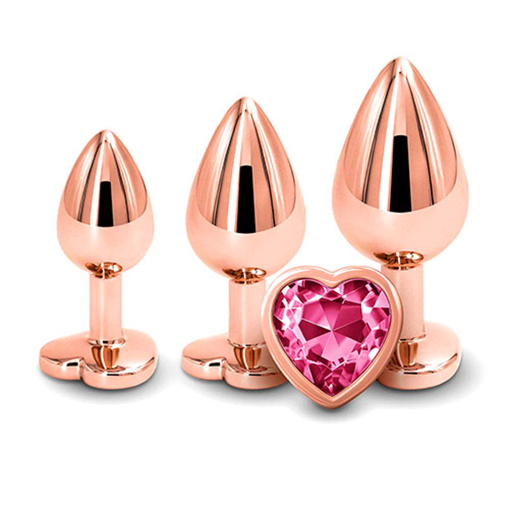 Adam & Eve Rose Gold Heart Gem Anal Training Set - Rose Gold Plugs with Gem Bases - Set of 3 Sizes