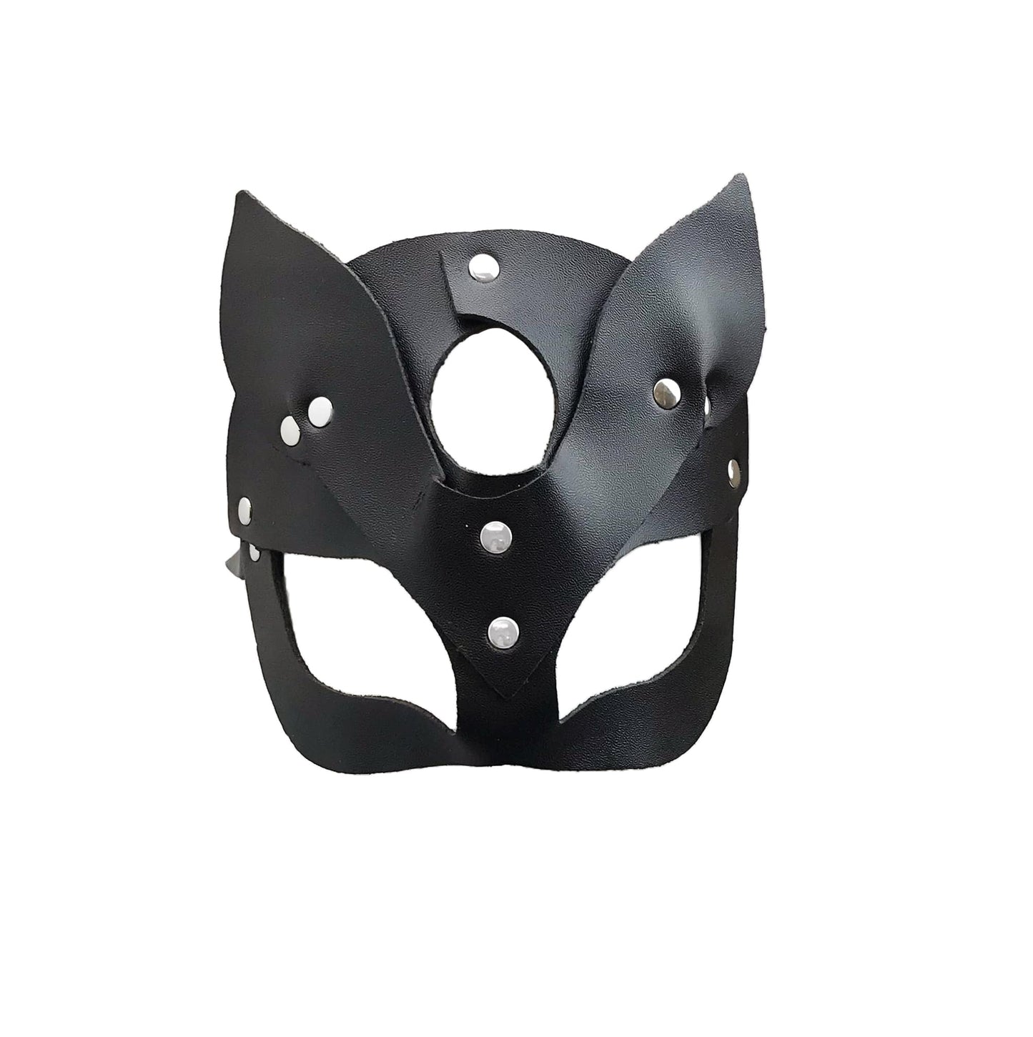 Love In Leather Half Face Leather Mask With Cat Ears And Silver Stud Detail