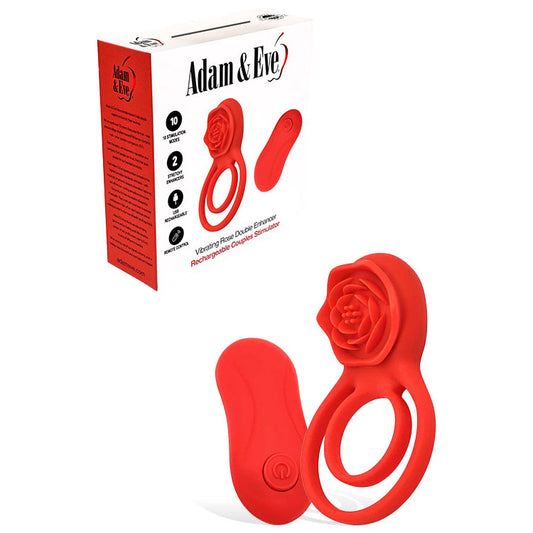 Adam & Eve VIBRATING ROSE DOUBLE ENHANCER - Red Cock & Balls Ring with Remote