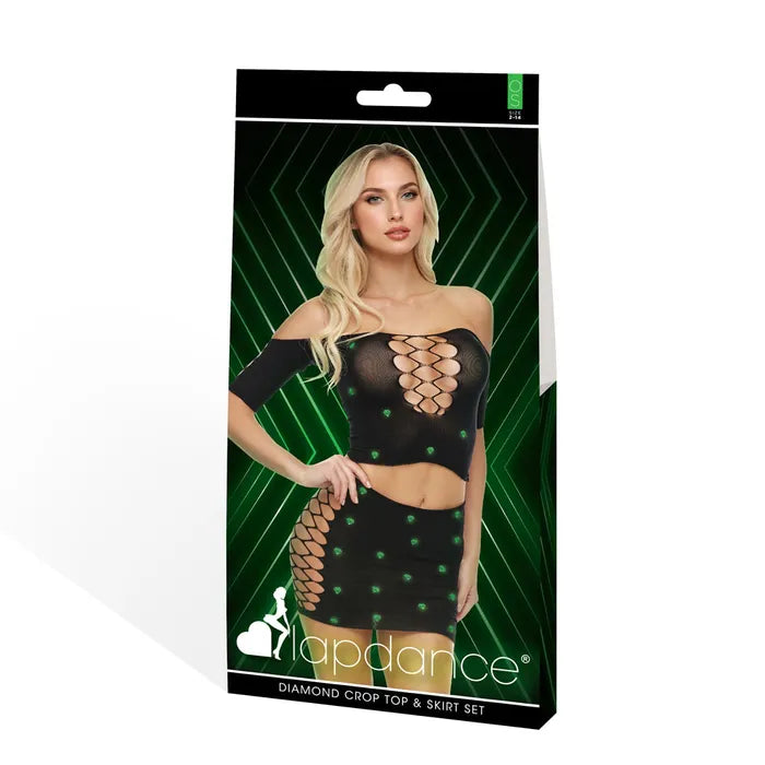 Lapdance Diamond Crop Top & Skirt Set Black with Glow In Dark Pattern - Size OS